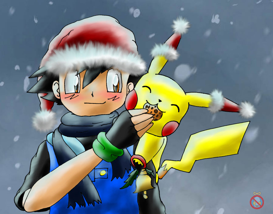 Dibujo de Ash y Pikachu navideño